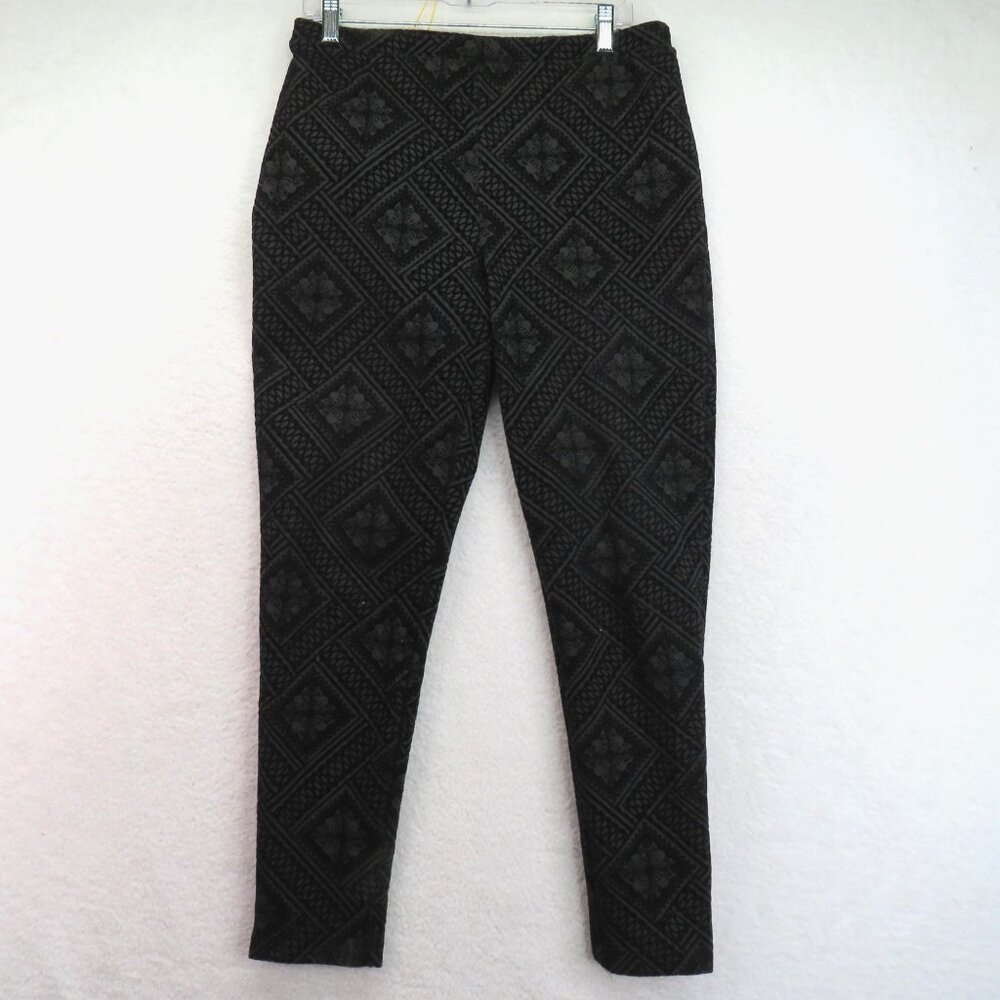Chicos Pants Womens Med Black Gray Textured Damask Slim Tuxedo Stretch Pull On